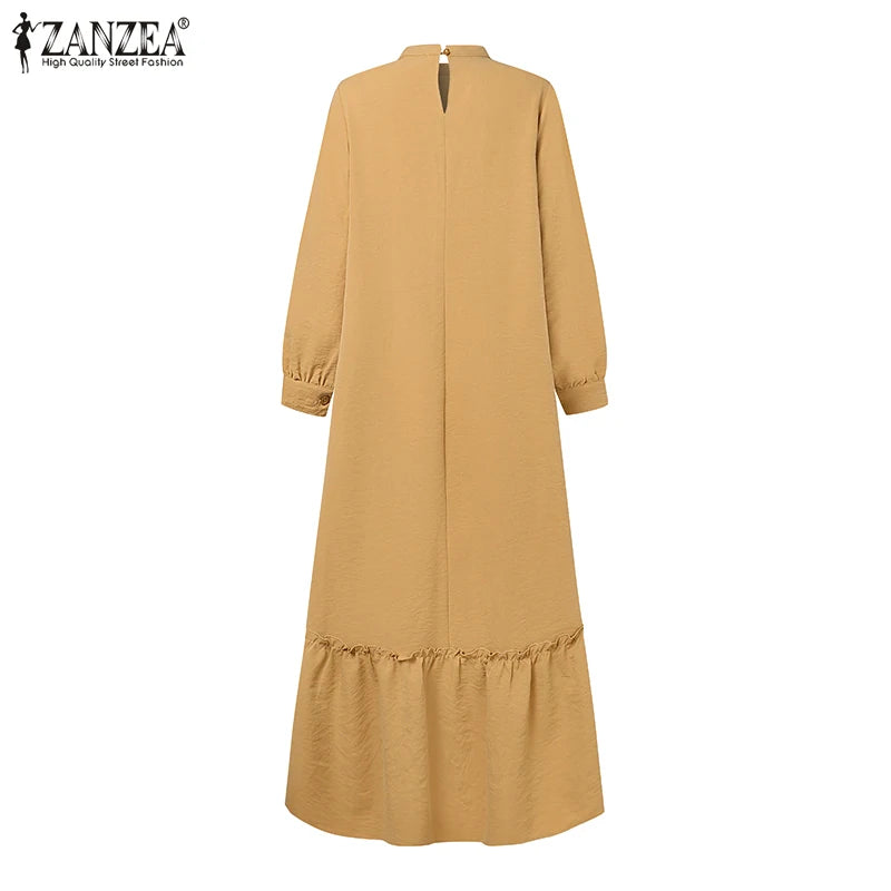 ZANZEA Women Muslim Dress Abaya Autumn Maxi Long Dress Kaftan Dubai Long Vestidos Robe Long Sleeve Solid Ruffles Hem Sundress
