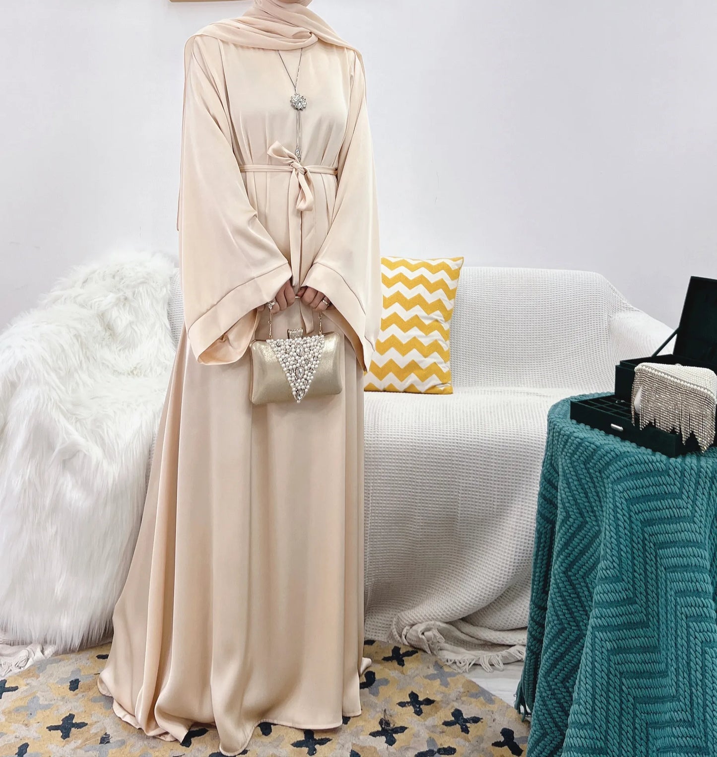 Plain Satin Abaya Dress for Muslim Women, Side Pockets Wide Sleeves, Dubai Turkish Hijabi Islamic Clothing, Modest Robe, Ramadan