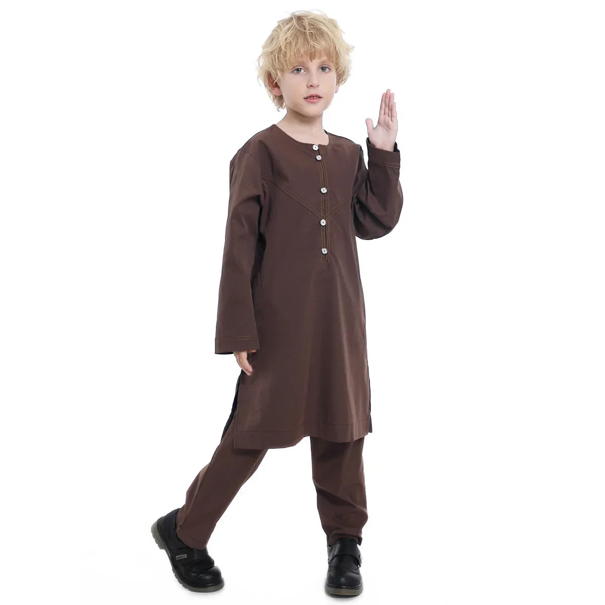 2025 Muslim Kids Jubba Thobe Arab Boy Thobe Children Abaya Ramadan Dress Pant Set 2 Piece Caftan Robe Kaftan Musulman Ensembles