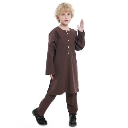 2025 Muslim Kids Jubba Thobe Arab Boy Thobe Children Abaya Ramadan Dress Pant Set 2 Piece Caftan Robe Kaftan Musulman Ensembles