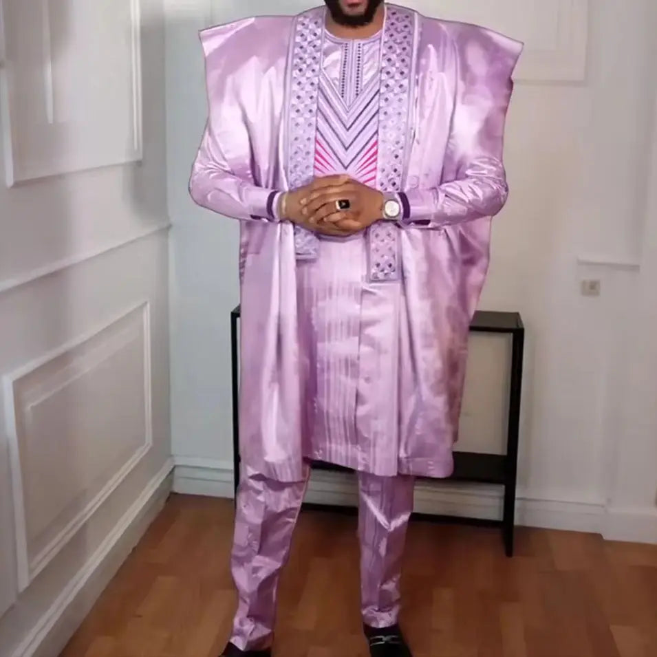 New African Clothes for Men Dashiki Tradition Outfit Robe Embroidery Pink Tops Pants Suits Bazin Muslim Wedding Party Clothing