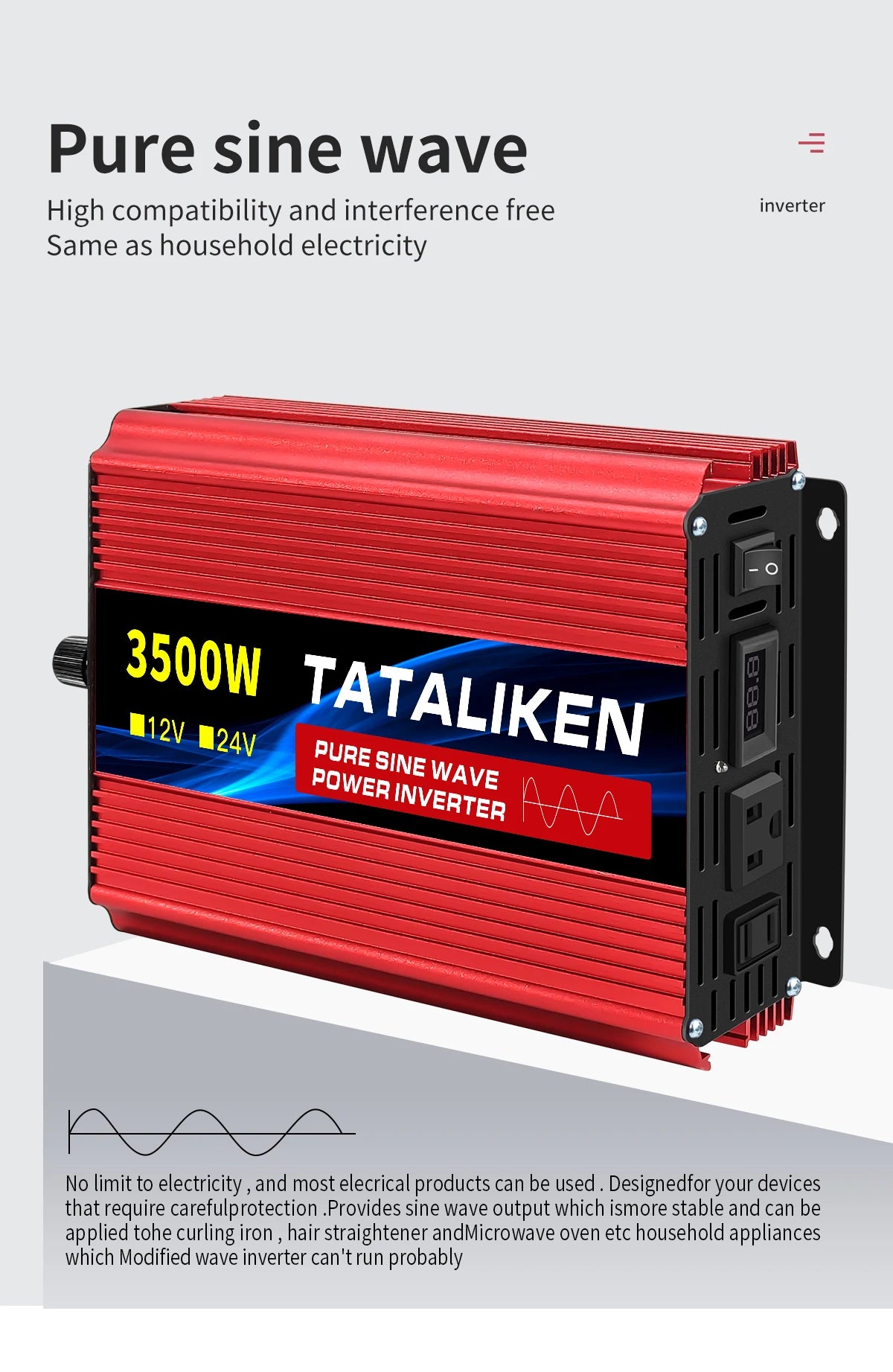 1600w-4500W 12V/24V to AC 110V 60Hz Pure Sine Wave Inverter Car Power Tranfermer  Voltage Portable  Converter with LED Display