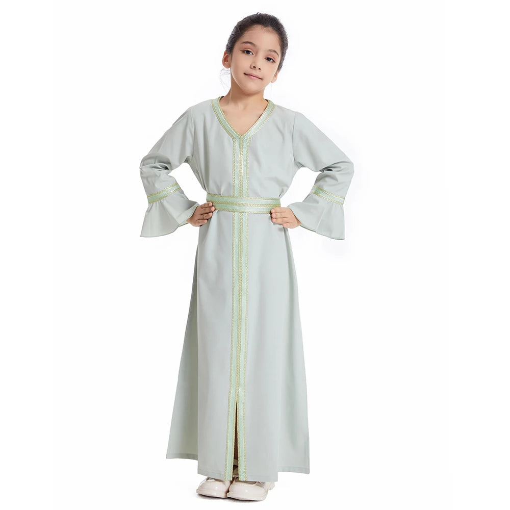 Kids Muslim Girls Abaya Prayer Long Maxi Dress Turkey Kaftan Arab Robe Dubai Islam Morocco Eid Party Ramadan Holiday Gown Caftan