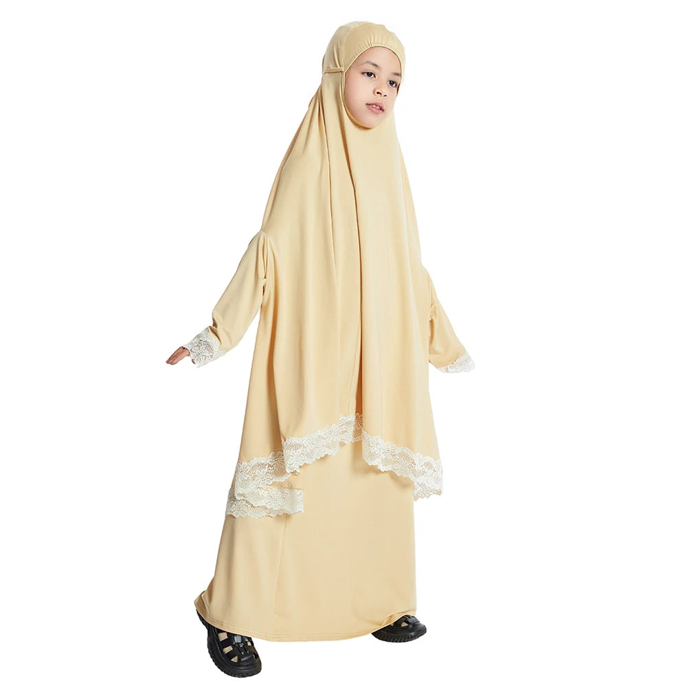 2Pcs Traditional Muslim Kids Girls Abaya Eid Hooded Overhead Hijab Burqa Maxi Skirt Sets Turkey Dubai Kaftan Prayer Garment Gown