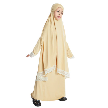 2Pcs Traditional Muslim Kids Girls Abaya Eid Hooded Overhead Hijab Burqa Maxi Skirt Sets Turkey Dubai Kaftan Prayer Garment Gown