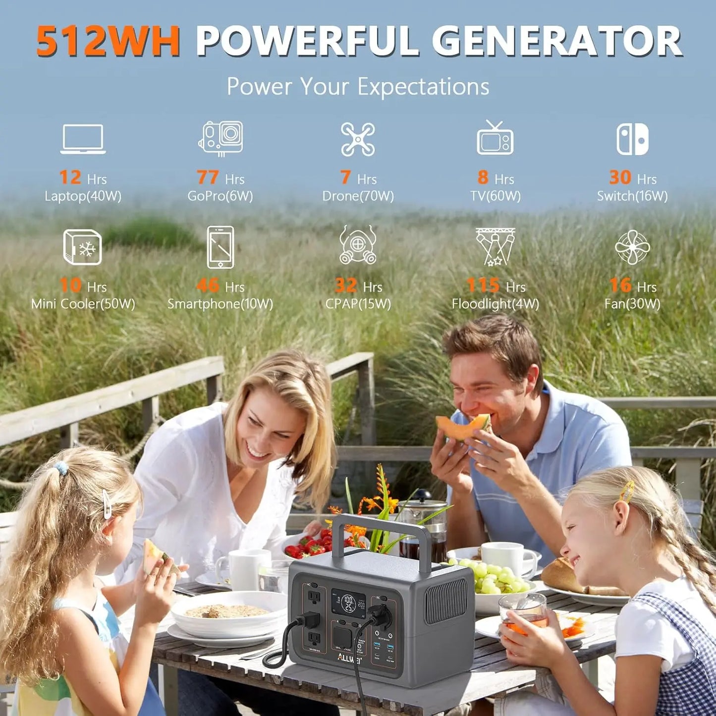 Portable Power Station 500W 512Wh LiFePO4 Battery UPS Function 2.5Hrs Fast Charge 3 AC Outlets Solar Generator