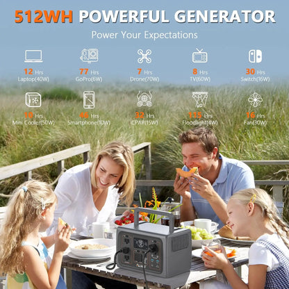 Portable Power Station 500W 512Wh LiFePO4 Battery UPS Function 2.5Hrs Fast Charge 3 AC Outlets Solar Generator