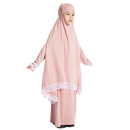 2Pcs Traditional Muslim Kids Girls Abaya Eid Hooded Overhead Hijab Burqa Maxi Skirt Sets Turkey Dubai Kaftan Prayer Garment Gown