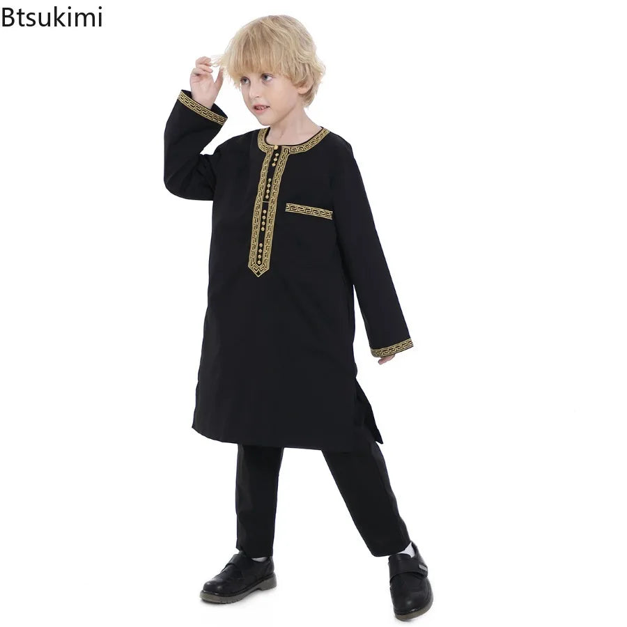 2025 Muslim Children Robe 2pc Set Long Sleeve Embroidery Dress Shirt+Pants Boys Fashion Abaya Kaftan Thobe Kids Islamic Clothing