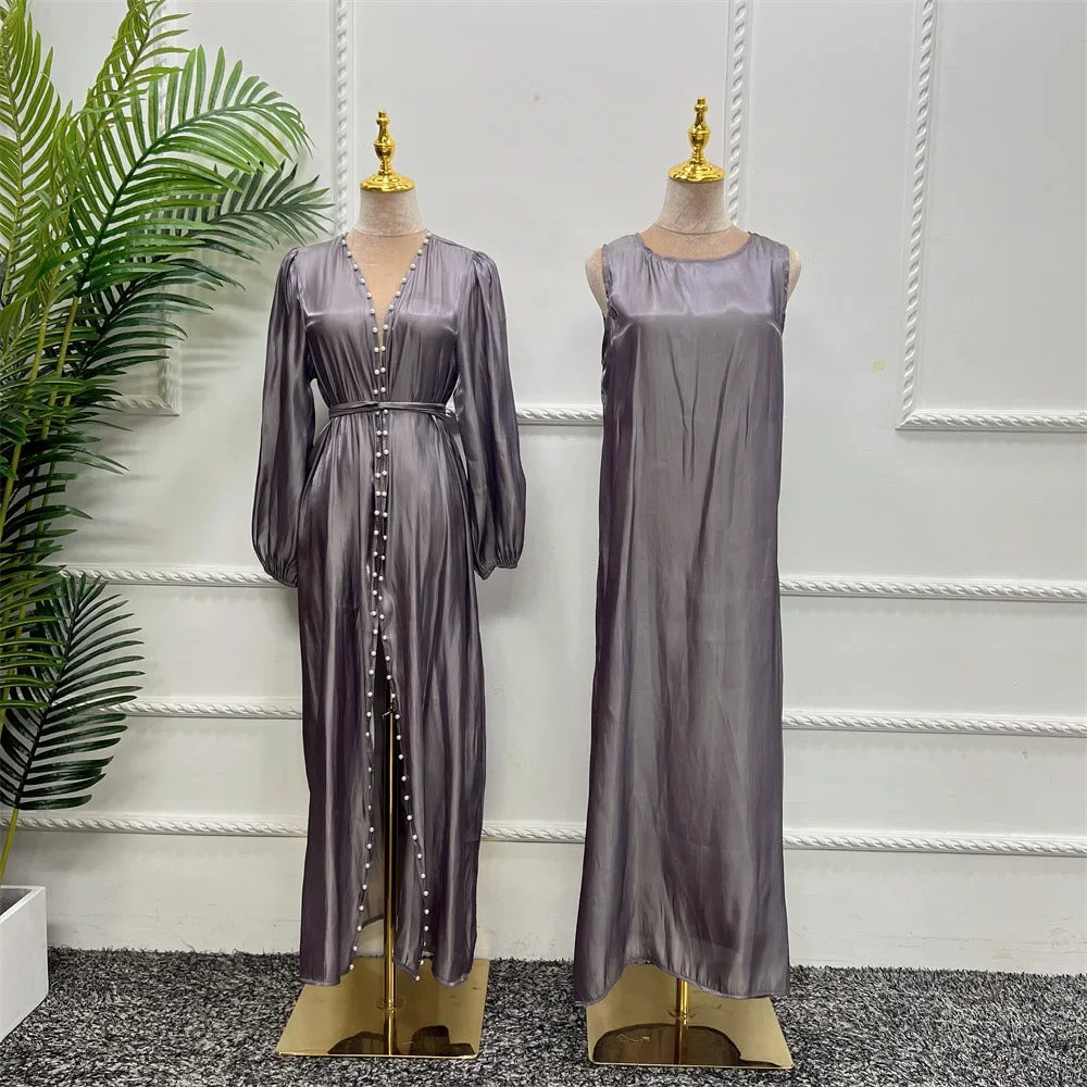 2 Piece Silk Satin Kimono Abaya Under Dress Morocco Muslim Sets Abayas for Women Dubai Arabic Cardigan Kaftan Robe Islam outfits