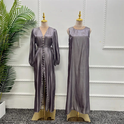 2 Piece Silk Satin Kimono Abaya Under Dress Morocco Muslim Sets Abayas for Women Dubai Arabic Cardigan Kaftan Robe Islam outfits