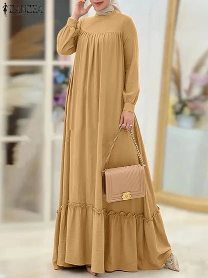 ZANZEA Women Muslim Dress Abaya Autumn Maxi Long Dress Kaftan Dubai Long Vestidos Robe Long Sleeve Solid Ruffles Hem Sundress