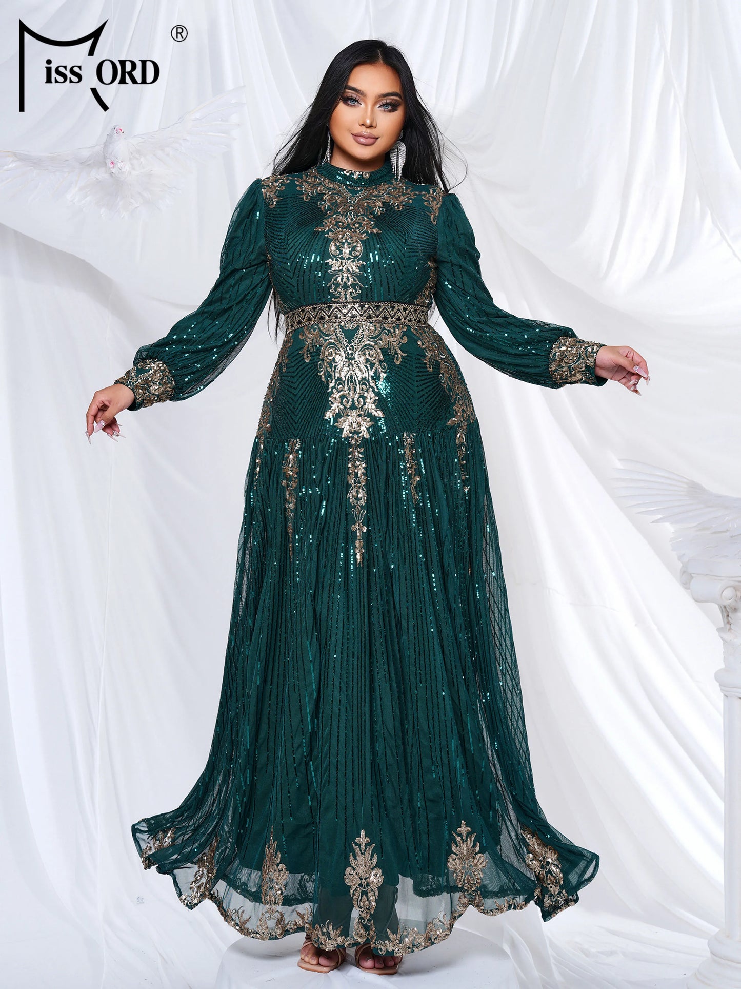 Missord New Blue Plus Size Muslim Round Neck Long Sleeved A Line Gown Evening Women Wedding Birthday Party Large Maxi Dress