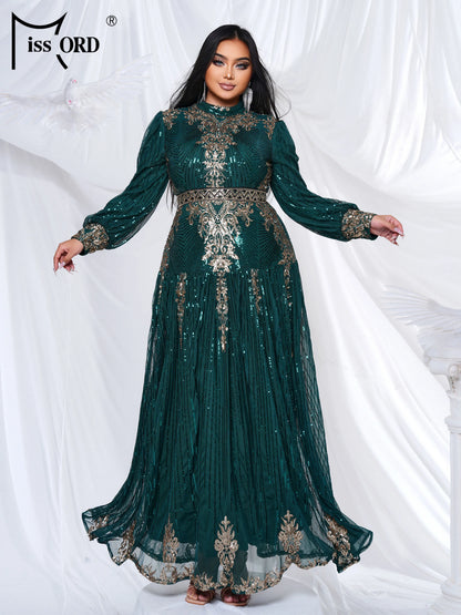 Missord New Blue Plus Size Muslim Round Neck Long Sleeved A Line Gown Evening Women Wedding Birthday Party Large Maxi Dress