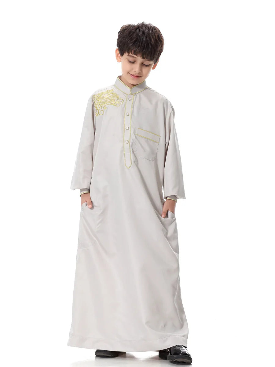 Arab Muslim Kids Boy Jubba Thobe Abaya Kimono Long Dress Caftan for Children Islamic Clothing Long Robes Dress Dubai Arab