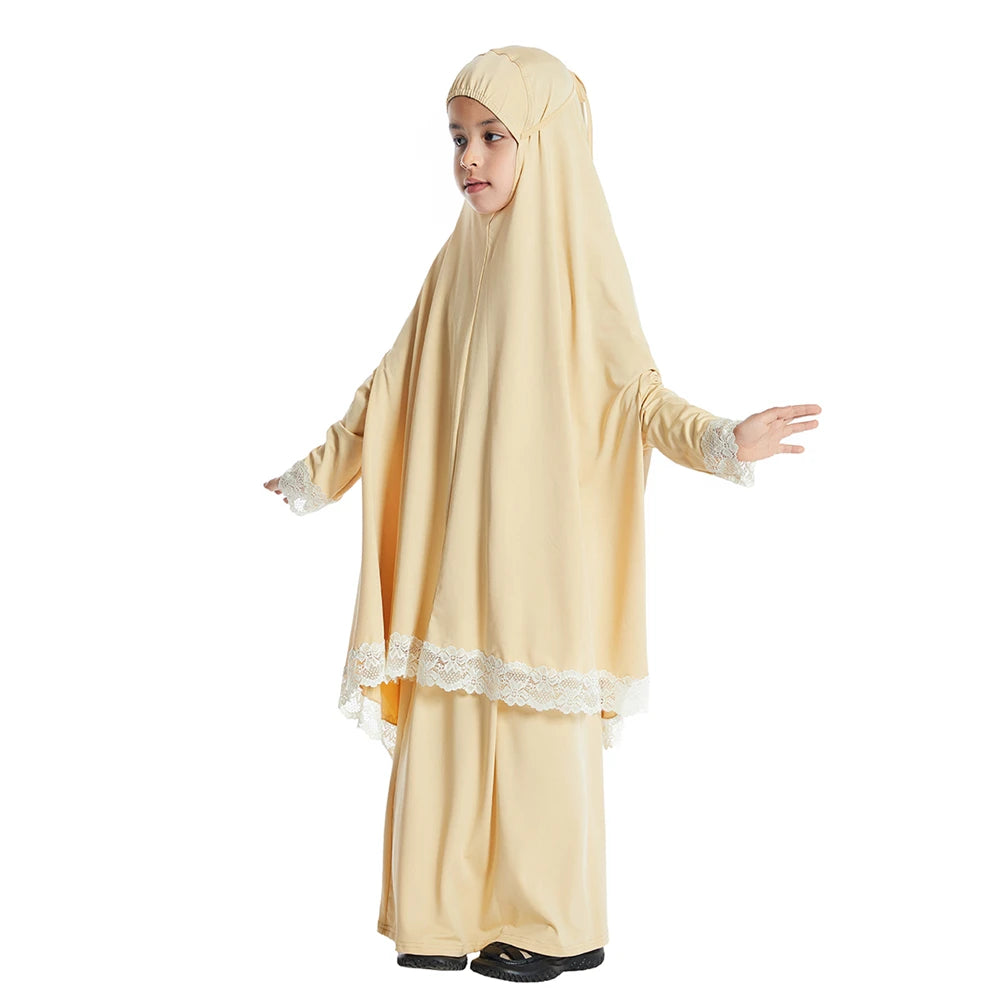 2Pcs Traditional Muslim Kids Girls Abaya Eid Hooded Overhead Hijab Burqa Maxi Skirt Sets Turkey Dubai Kaftan Prayer Garment Gown