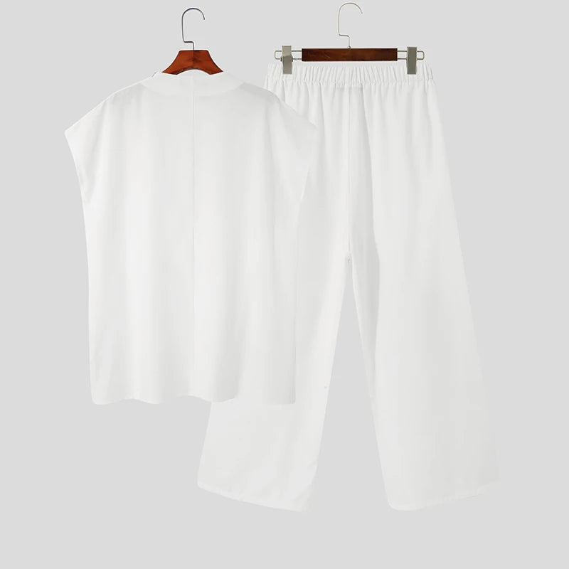 INCERUN Men Sets Muslim Clothing 2023 O-neck Short Sleeve T Shirt & Wide Leg Pants Two Pieces Solid Baggy Men Casual Suits 7