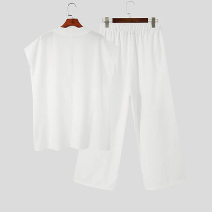 INCERUN Men Sets Muslim Clothing 2023 O-neck Short Sleeve T Shirt & Wide Leg Pants Two Pieces Solid Baggy Men Casual Suits 7