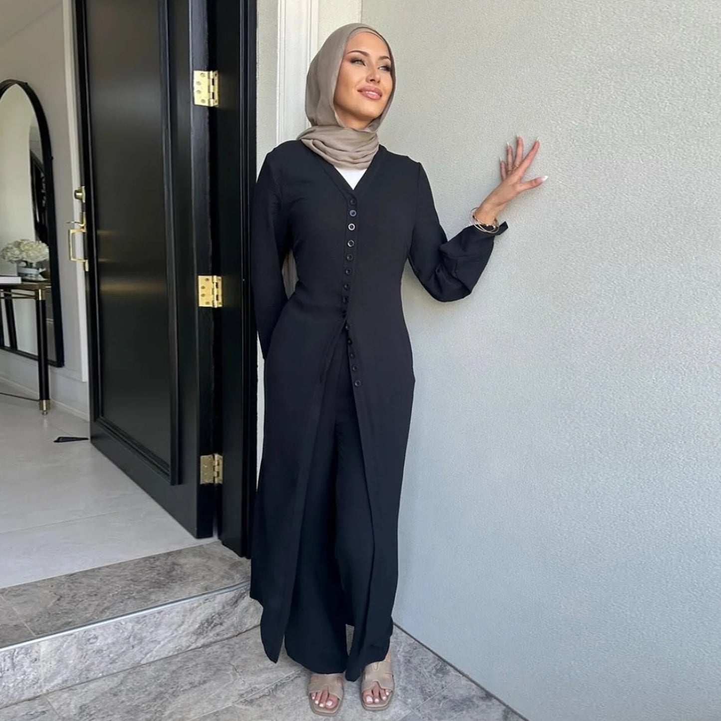 2PCS Muslim Women Button Long Sleeve Tops Dress Pants Set Dubai Abaya Turkey Kaftan Arabic Outfits Eid Ramadan Islam Clothing