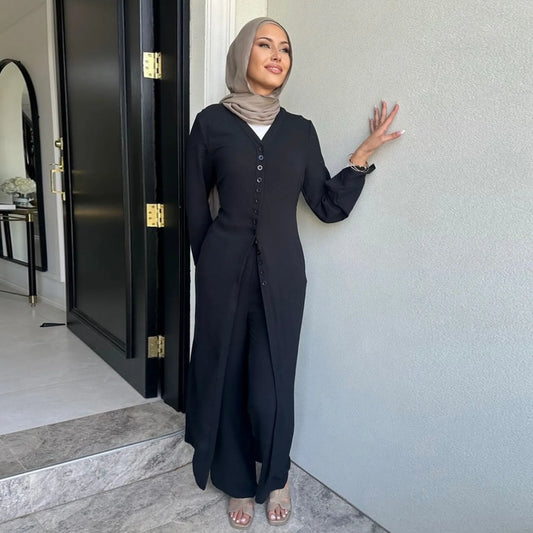 2PCS Muslim Women Button Long Sleeve Tops Dress Pants Set Dubai Abaya Turkey Kaftan Arabic Outfits Eid Ramadan Islam Clothing