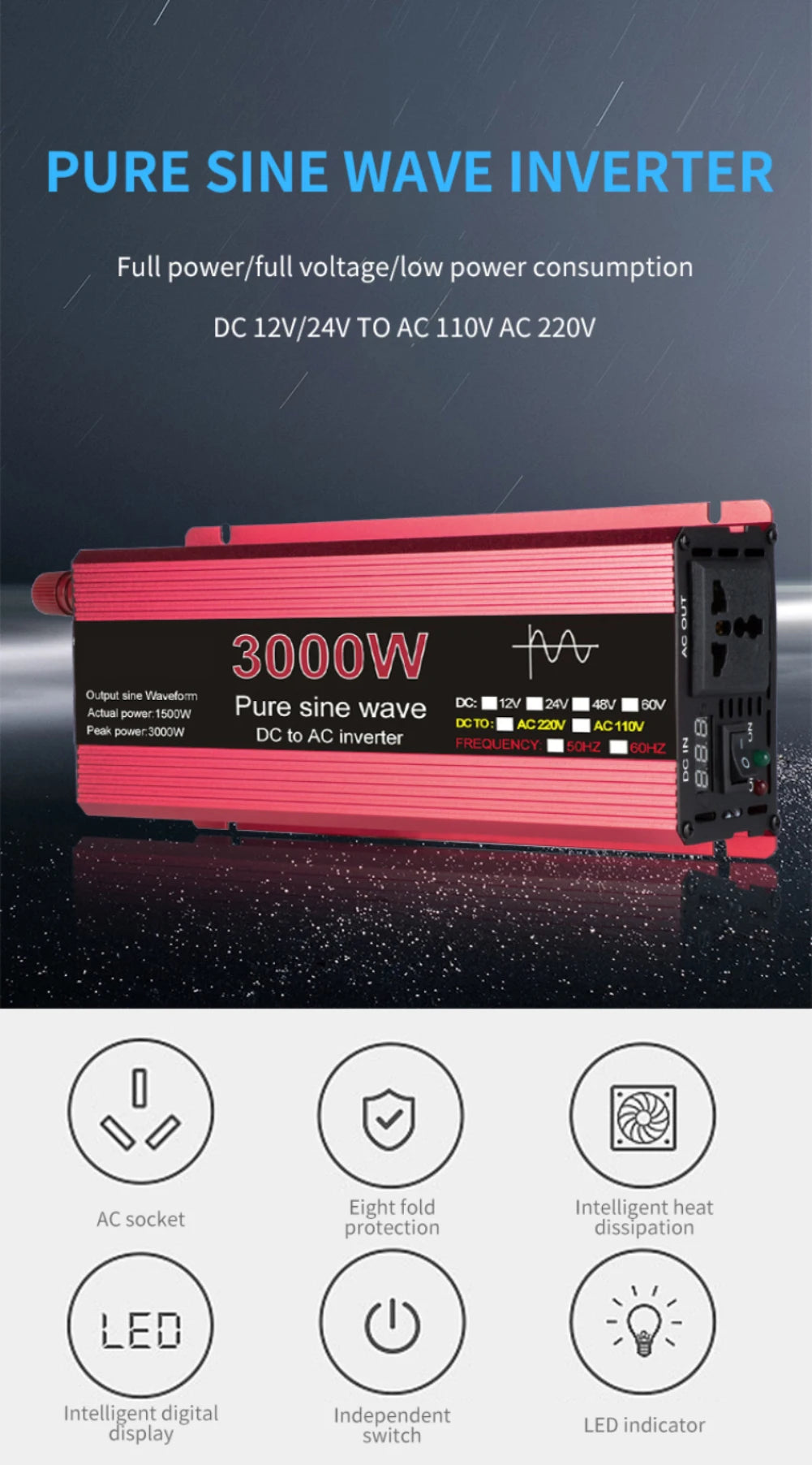 Pure Sine Wave Inverter DC 12V/24V To AC 110V/220V 1000W 1600W 2000W 2200W Portable Power Bank Converter Solar Inverter