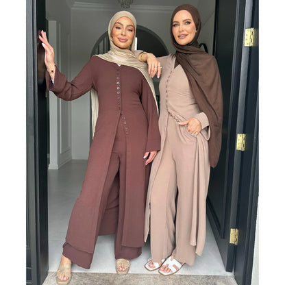 2PCS Muslim Women Button Long Sleeve Tops Dress Pants Set Dubai Abaya Turkey Kaftan Arabic Outfits Eid Ramadan Islam Clothing
