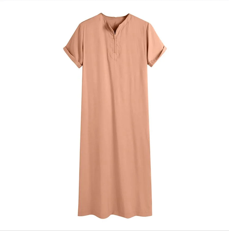 New 2025 Men Islamic Arabic Kaftan Vintage Solid Short Sleeve Loose Retro Robes Abaya Dubai Middle East Muslim Clothing S-5XL