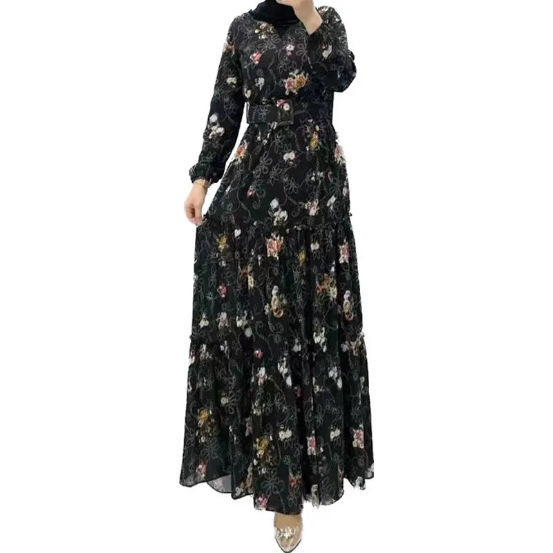 Eid Morocco Dress Women Muslim Abaya Jalabiya Turtleneck Floral Print Belted Dubai Kaftan Robe Vestidos Ramadan Abayas Dresses