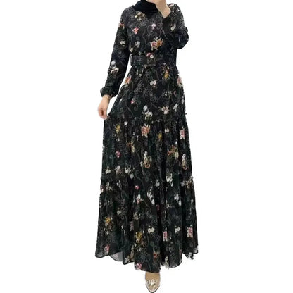 Eid Morocco Dress Women Muslim Abaya Jalabiya Turtleneck Floral Print Belted Dubai Kaftan Robe Vestidos Ramadan Abayas Dresses