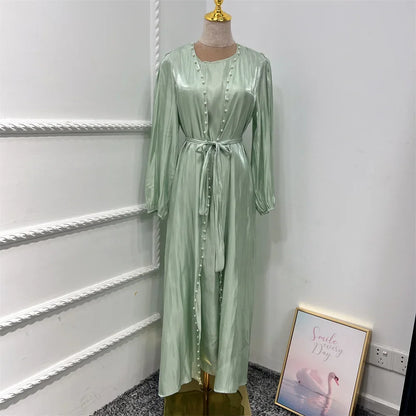 2 Piece Silk Satin Kimono Abaya Under Dress Morocco Muslim Sets Abayas for Women Dubai Arabic Cardigan Kaftan Robe Islam outfits