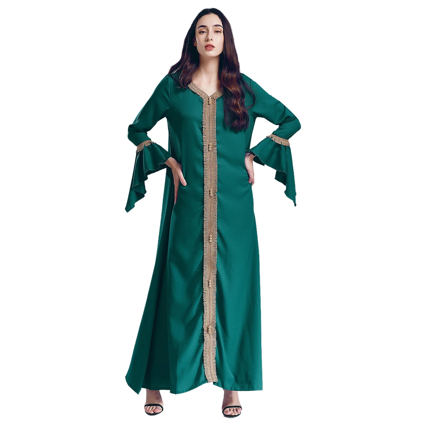 Elegant Womens Muslim Abaya Floor Length Robe V Neck Flared Sleeve Dress Halloween Witch Masquerade Gown Role Play Theme Party