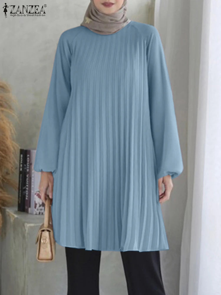 Fashion Women Long Sleeve Pleated Tops ZANZEA Autumn Muslim Blouse Long Shirt Ramadan Abaya Turkey Kaftan Solid IsIamic Clothing