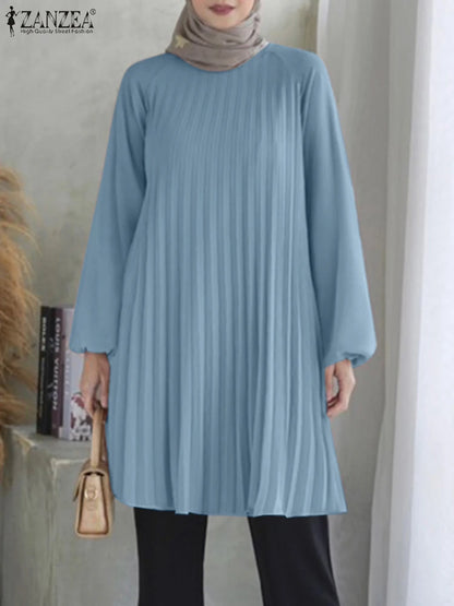 Fashion Women Long Sleeve Pleated Tops ZANZEA Autumn Muslim Blouse Long Shirt Ramadan Abaya Turkey Kaftan Solid IsIamic Clothing