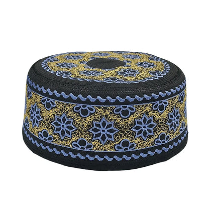 Tax Products Turkey Muslim Men clothing Saudi Prayer Hat Black with White Embroidery Yarmulke Flat Top Hats Jewish Islamic Caps