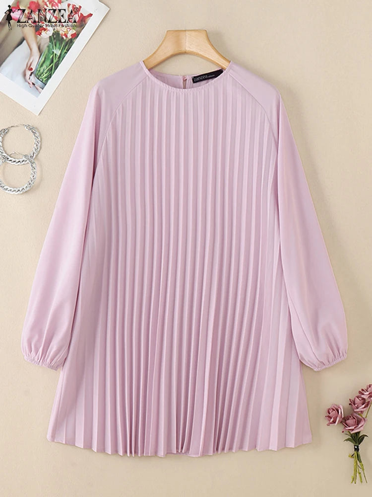 Fashion Women Long Sleeve Pleated Tops ZANZEA Autumn Muslim Blouse Long Shirt Ramadan Abaya Turkey Kaftan Solid IsIamic Clothing