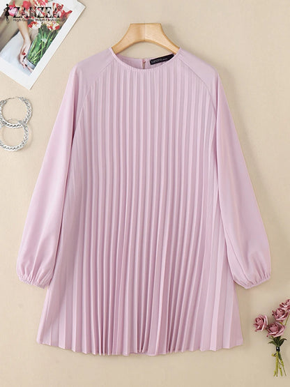 Fashion Women Long Sleeve Pleated Tops ZANZEA Autumn Muslim Blouse Long Shirt Ramadan Abaya Turkey Kaftan Solid IsIamic Clothing
