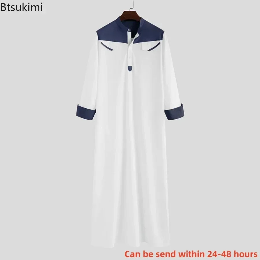 2025 Muslim Thobe Comfortable Men Caftan Long Sleeve Contrast Color Muslim Clothing Mandarin Neck Muslim Robe for Middle East