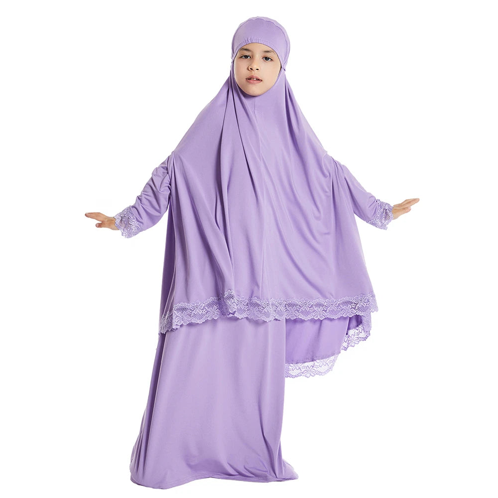 2Pcs Traditional Muslim Kids Girls Abaya Eid Hooded Overhead Hijab Burqa Maxi Skirt Sets Turkey Dubai Kaftan Prayer Garment Gown