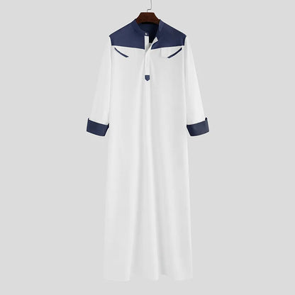 2025 Muslim Thobe Comfortable Men Caftan Long Sleeve Contrast Color Muslim Clothing Mandarin Neck Muslim Robe for Middle East