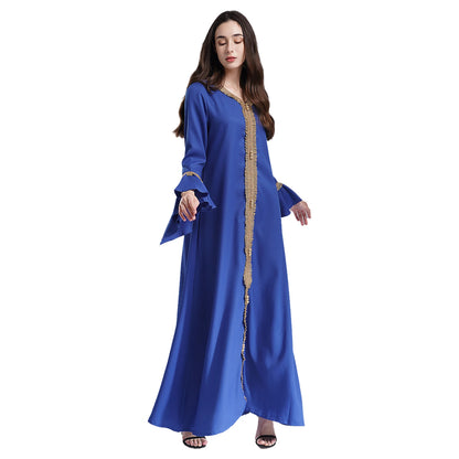 Elegant Womens Muslim Abaya Floor Length Robe V Neck Flared Sleeve Dress Halloween Witch Masquerade Gown Role Play Theme Party