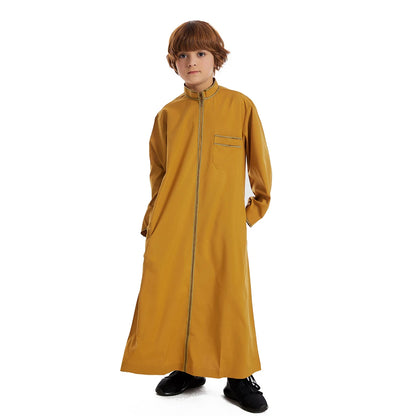 Saudi Dubai Turkey Front Zipper Abayas For Kids Boys Muslim Clothing Children Jubba Thobe Kaftan Full Cover Robe Dress TH882