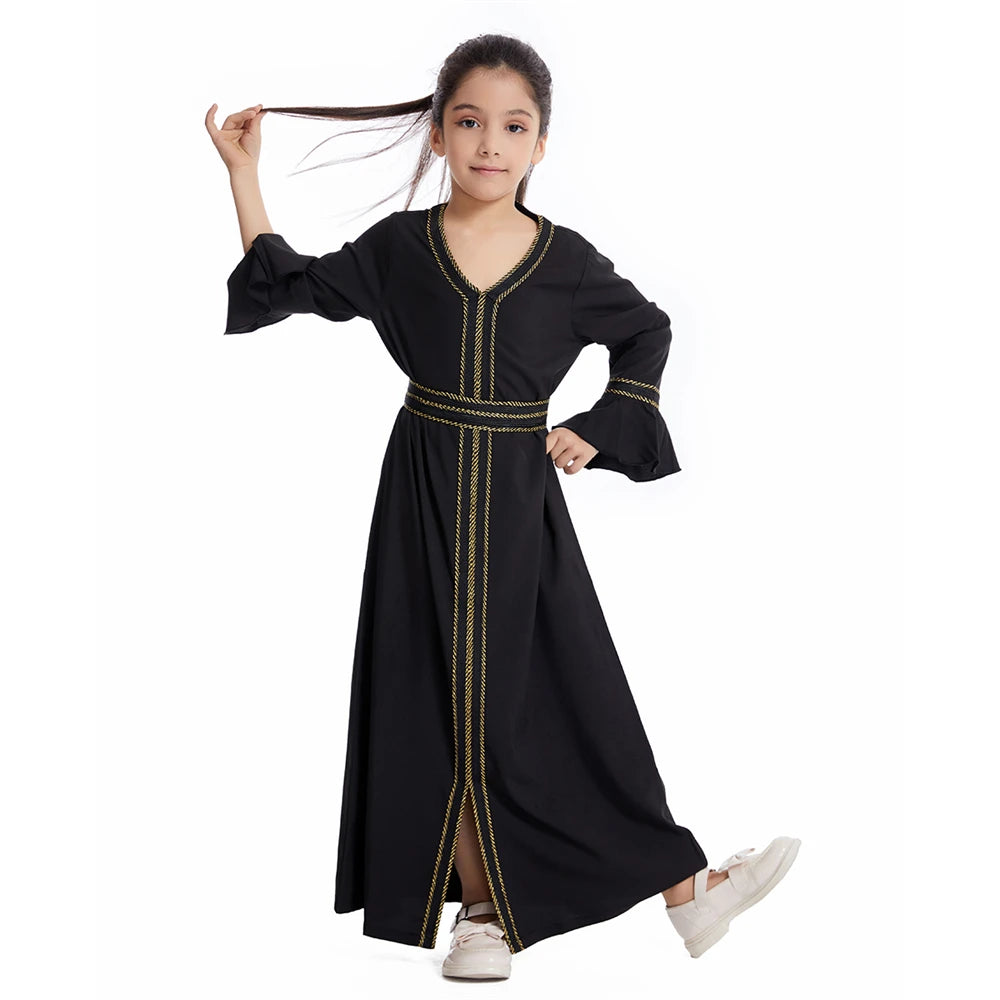 Kids Muslim Girls Abaya Prayer Long Maxi Dress Turkey Kaftan Arab Robe Dubai Islam Morocco Eid Party Ramadan Holiday Gown Caftan