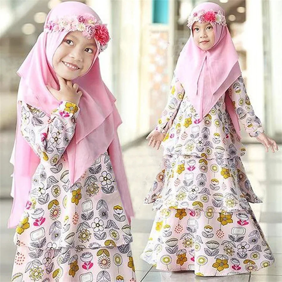 Floral Muslim Girls Prayer Dress Hijab Abaya Robe Arab Dubai Children Ramadan Set Kids Kaftan Headscarf Islamic Eid Gown Jilbab
