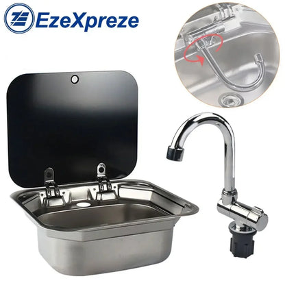 RV Camper Stainless Steel Hand Wash Basin Sink With Folded Faucet Tempered Glass Lid Washbasin for Caravan Boat Motorhome