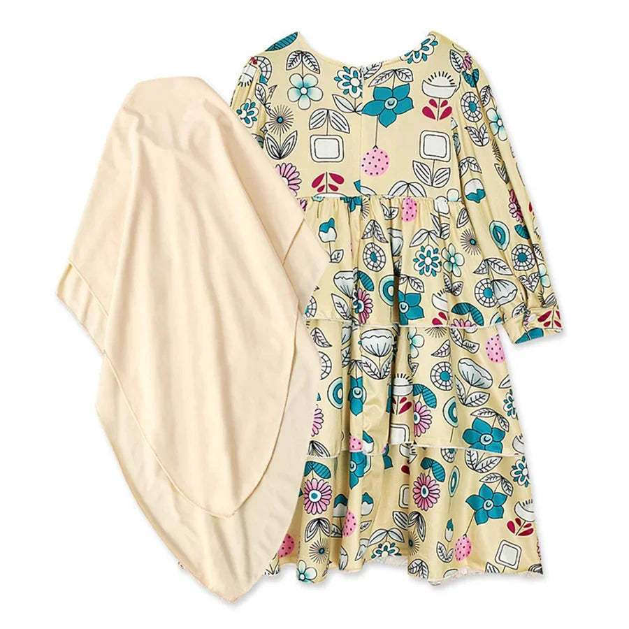 Floral Muslim Girls Prayer Dress Hijab Abaya Robe Arab Dubai Children Ramadan Set Kids Kaftan Headscarf Islamic Eid Gown Jilbab