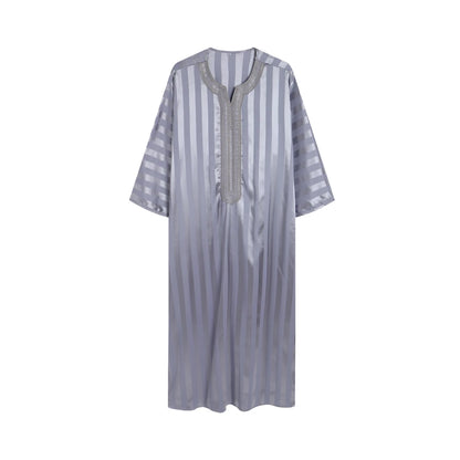 Vintage Loose Muslim Robe Men's Short Sleeve Fashion Jubba Thobe Men's Casual Striped Embroidered Islamic Clothing