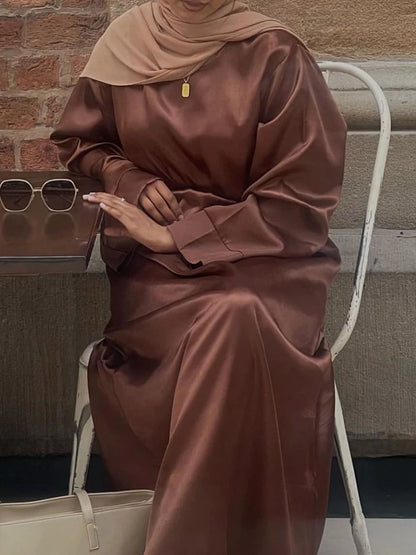 Plain Satin Abaya Dress for Muslim Women, Side Pockets Wide Sleeves, Dubai Turkish Hijabi Islamic Clothing, Modest Robe, Ramadan