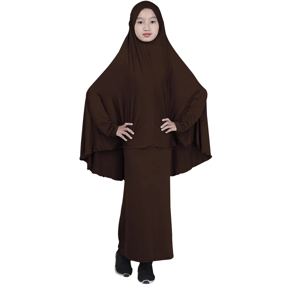 2pcs Set Abaya Muslim Kids Girls Gowns Long Overhead Hijab Maxi Dress Islamic Prayer Garment Clothing Set Turkey Khimar Ramadan