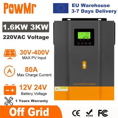 PowMr 1600W 3000W Hybrid Solar Inverter 12V 24V 220V Pure Sine Wave Inverter 1.6KW 3KW with MPPT 80A Solar Charger Controller