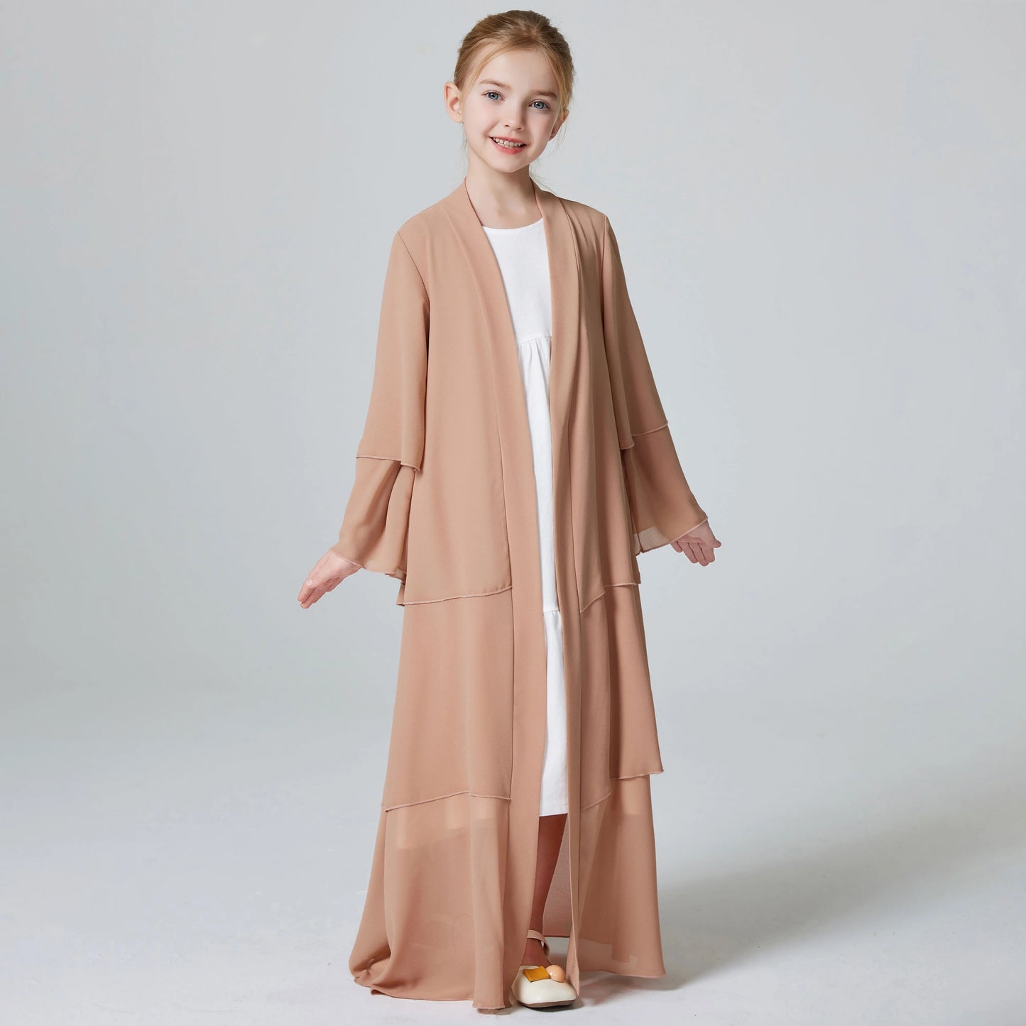 Ramadan Kebaya Muslim Girls Abaya 3 Layered Chiffon Kids Abaya Dress Open Front   Outerwear (Without Hijab)